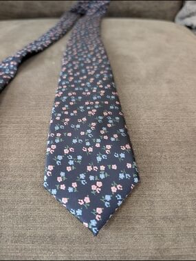 Life/After/Denim Men’s Floral Tie Navy Blue Pink Slim Necktie